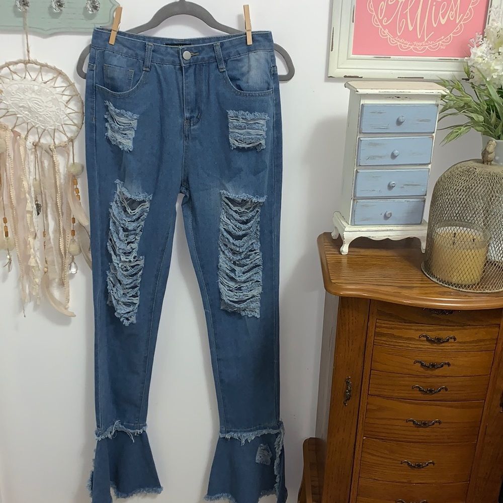 Xtreme Apparel Flare Jeans Womens S Blue Extreme Distressed Raw Fringe 35 Inseam
